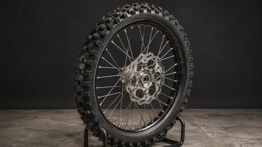 Illustration of an enduro wheel with knobby tyre and brake rotor